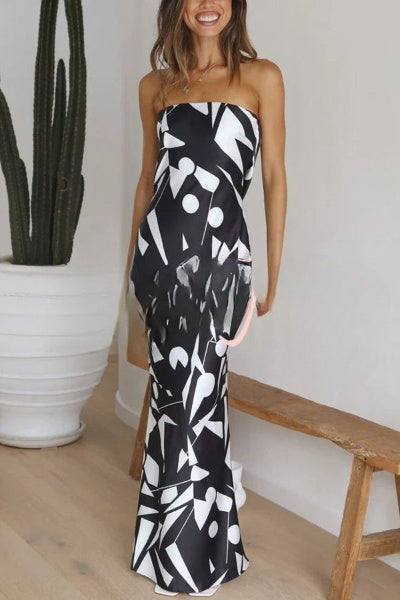 Cassy - Elegante Satijnen Maxi Jurk met Geometrische Print