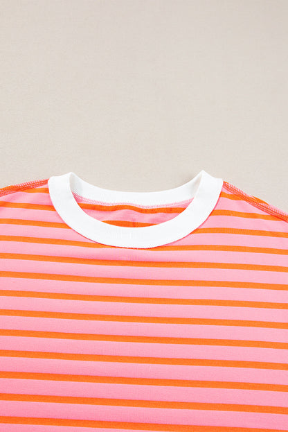 Anna - Horizontaal Gestreept Loose Fit T-shirt met Contrast Trim en Wijde Korte Mouwen