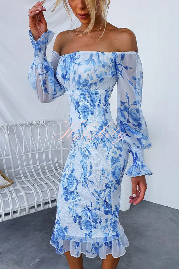 Meghan - Off-the-shoulder Midi-jurk met Gesmokte Taille en Felle Bloemen