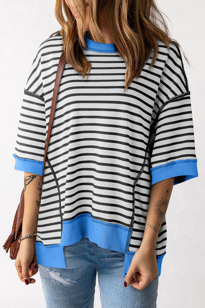 Anna - Horizontaal Gestreept Loose Fit T-shirt met Contrast Trim en Wijde Korte Mouwen