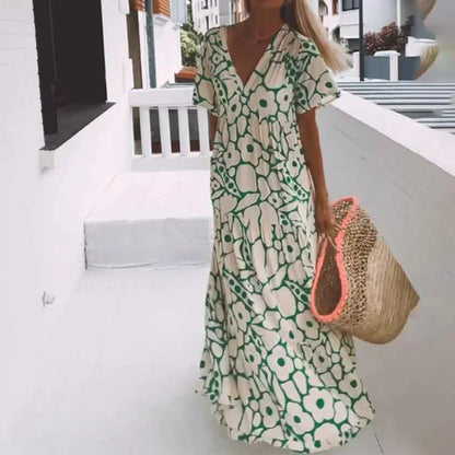 Althea - Groene maxi Jurk met Korte Mouwen