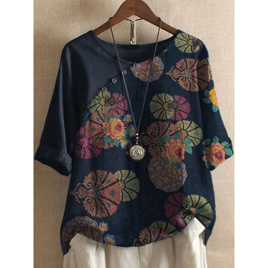 Lotte - Abstracte Bloemen Print Wijde Top met Ronde Hals en Halflange Mouwen voor de Lente