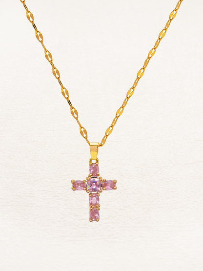 Jorienne - Zirkonia Kruis Ketting Goud Wit/Roze/Zwart