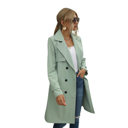 Elegantia Dames Midi Trenchcoat Jas in Effen Kleur met Dubbele Knoopsluiting