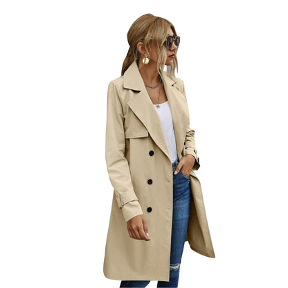 Elegantia Dames Midi Trenchcoat Jas in Effen Kleur met Dubbele Knoopsluiting