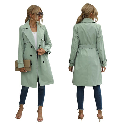 Elegantia Dames Midi Trenchcoat Jas in Effen Kleur met Dubbele Knoopsluiting