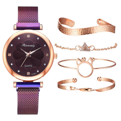 Analoog Quartz Horloge met Roestvrij Stalen Mesh Band en 4 Bijpassende Armbanden