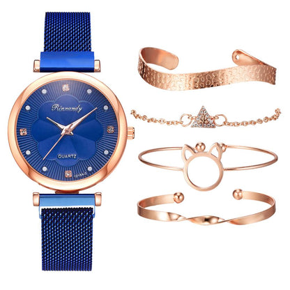 Analoog Quartz Horloge met Roestvrij Stalen Mesh Band en 4 Bijpassende Armbanden