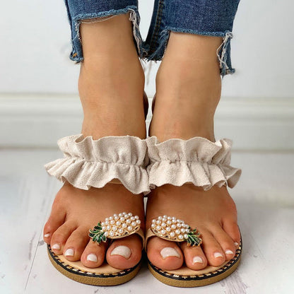 Helene - Tropische flair, Speelse sandalen versierd met ananas en details met ruches