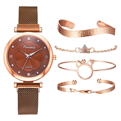 Analoog Quartz Horloge met Roestvrij Stalen Mesh Band en 4 Bijpassende Armbanden