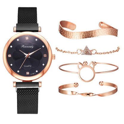 Analoog Quartz Horloge met Roestvrij Stalen Mesh Band en 4 Bijpassende Armbanden