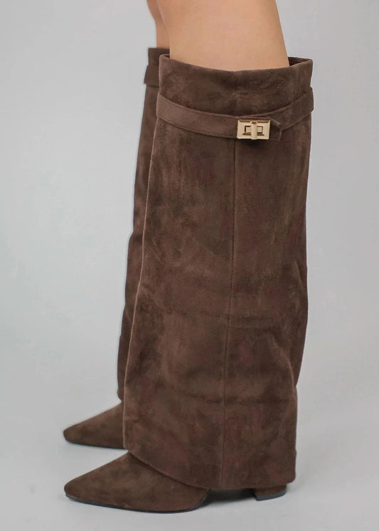 Sara -Zomer Overslag Hoge Suede Laarzen met Blokhak en Gouden Detail