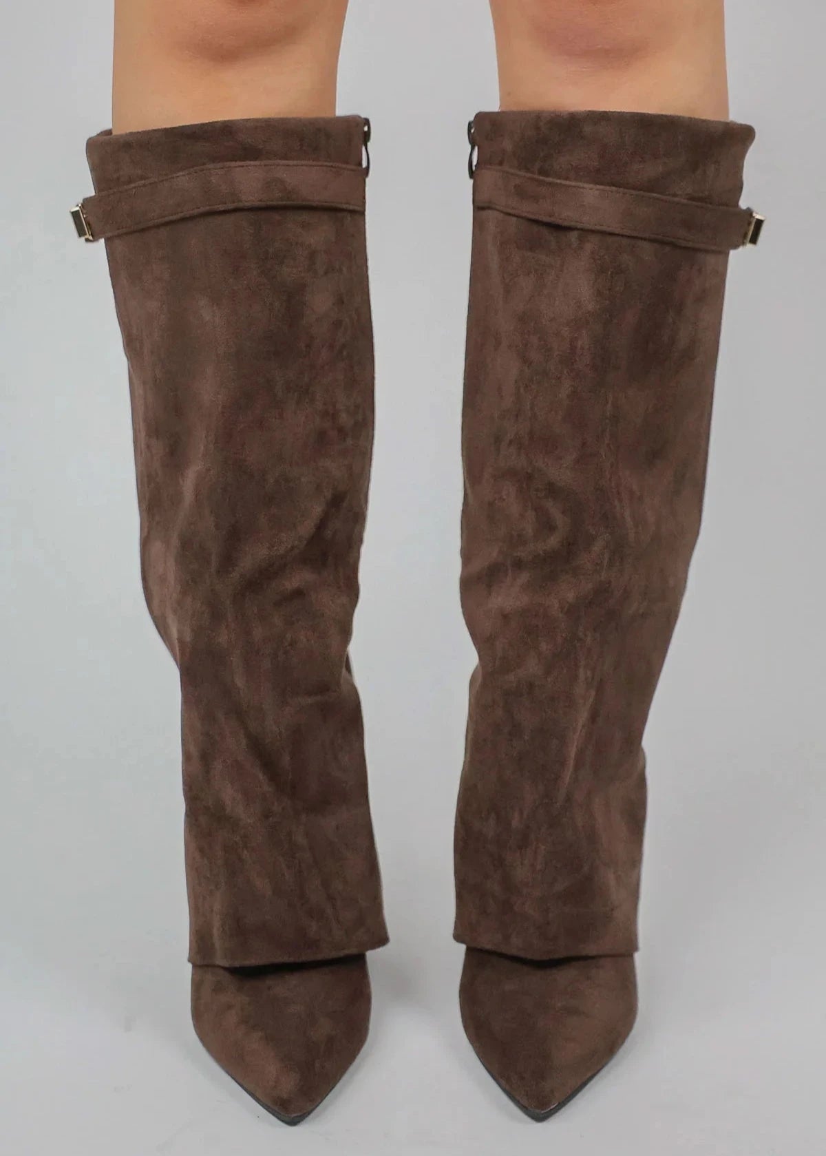 Sara -Zomer Overslag Hoge Suede Laarzen met Blokhak en Gouden Detail