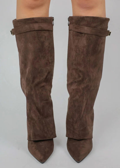 Sara -Zomer Overslag Hoge Suede Laarzen met Blokhak en Gouden Detail