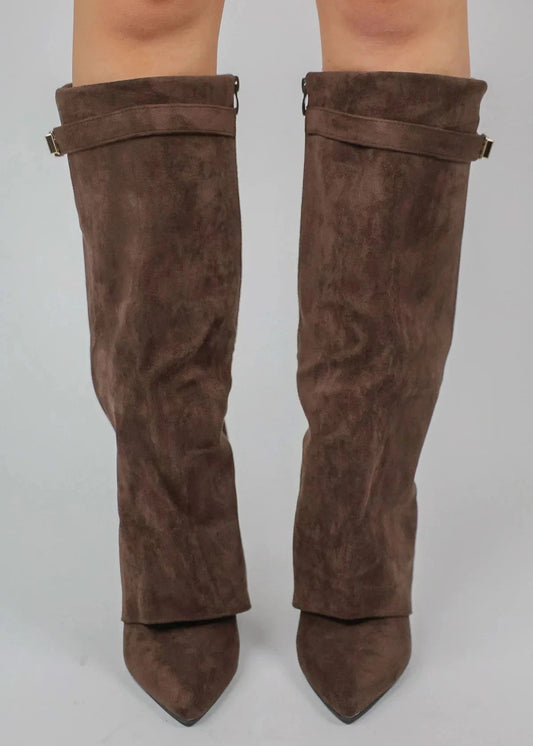 Sara -Zomer Overslag Hoge Suede Laarzen met Blokhak en Gouden Detail