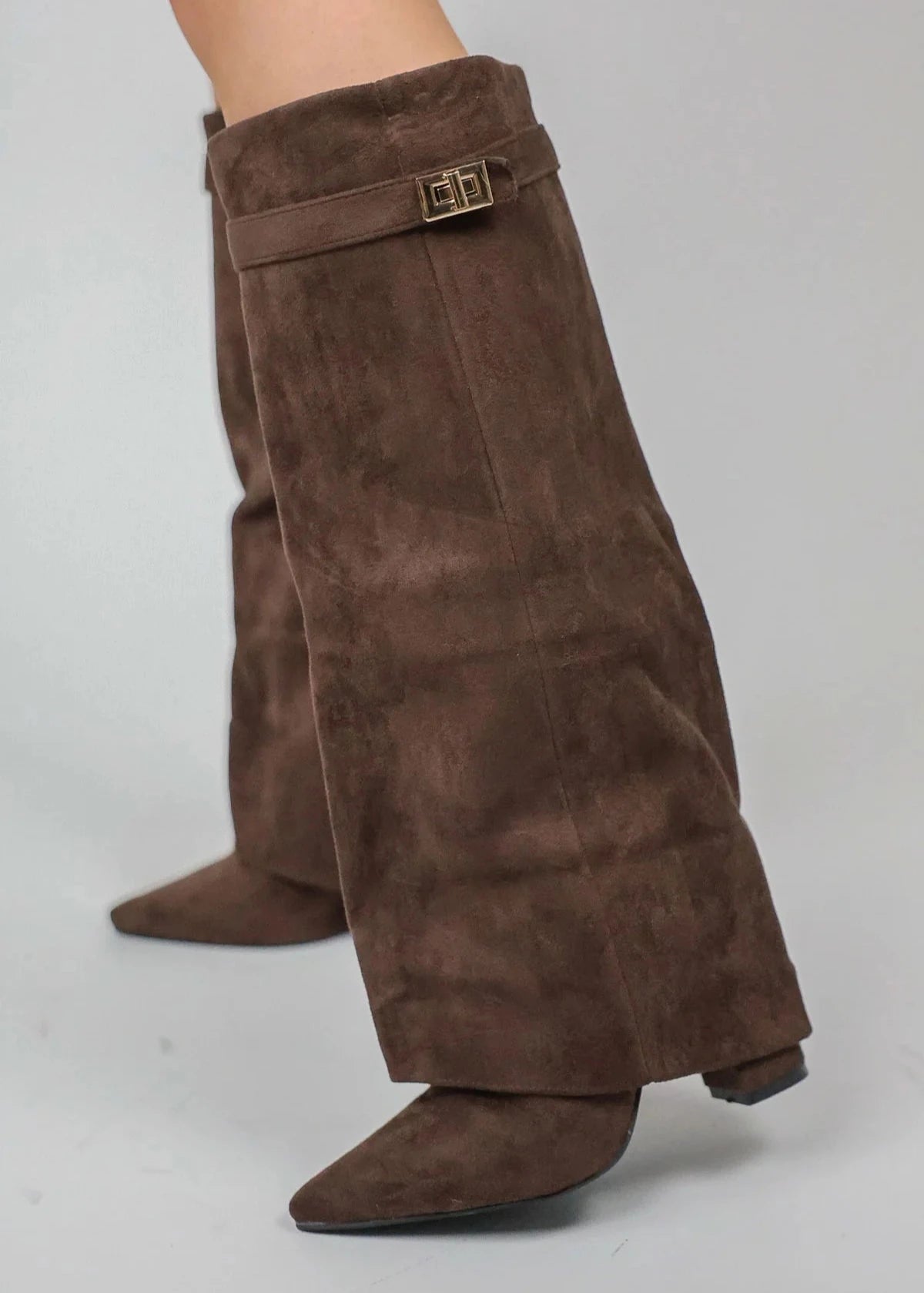 Sara -Zomer Overslag Hoge Suede Laarzen met Blokhak en Gouden Detail