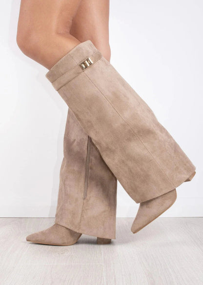Sara -Zomer Overslag Hoge Suede Laarzen met Blokhak en Gouden Detail