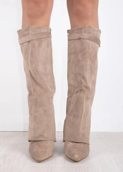 Sara -Zomer Overslag Hoge Suede Laarzen met Blokhak en Gouden Detail