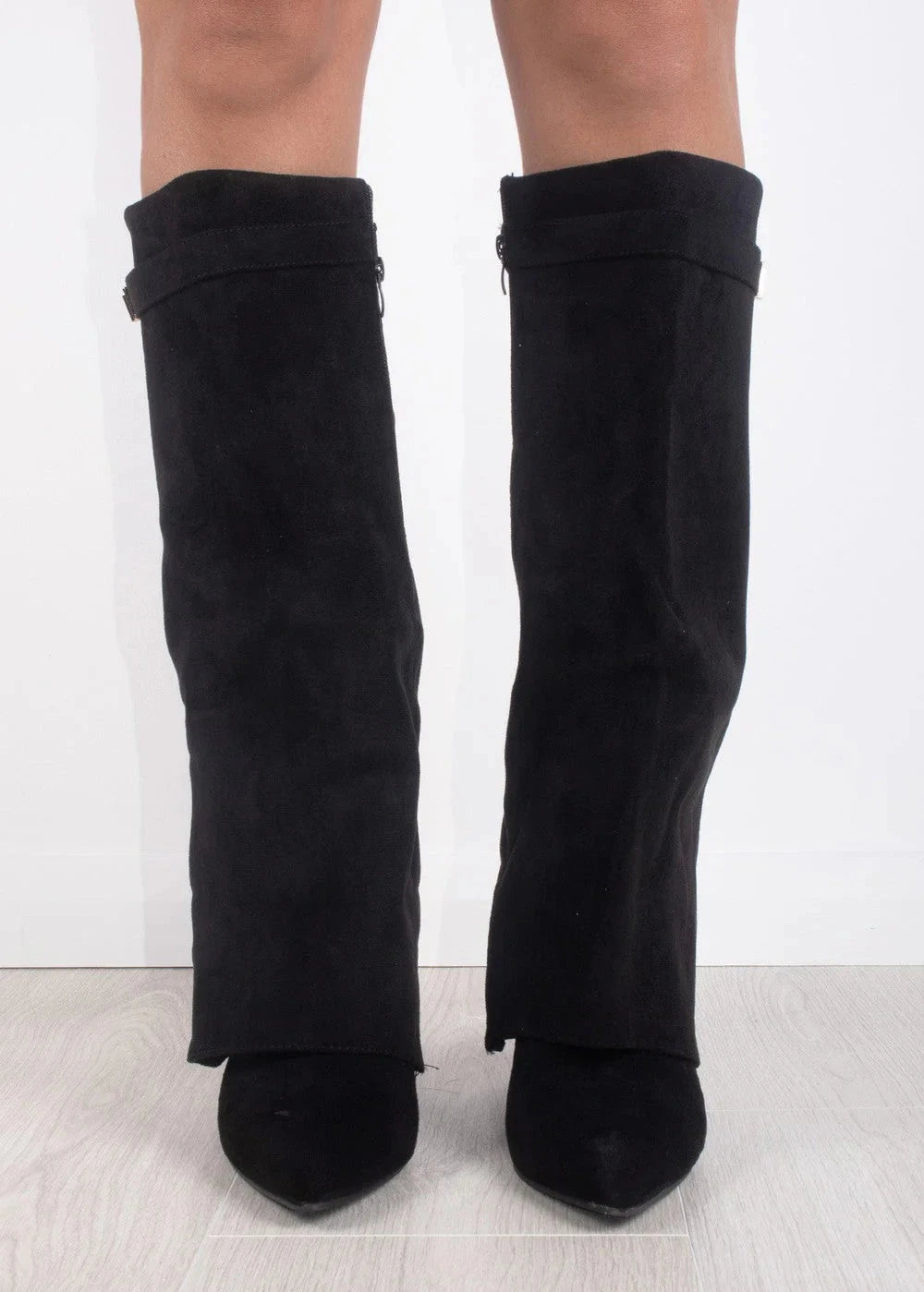 Sara -Zomer Overslag Hoge Suede Laarzen met Blokhak en Gouden Detail
