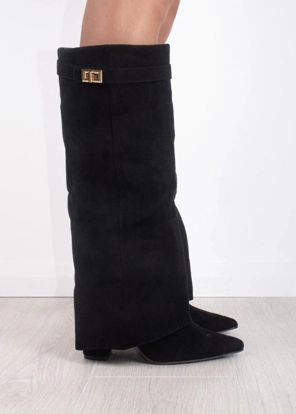 Sara -Zomer Overslag Hoge Suede Laarzen met Blokhak en Gouden Detail