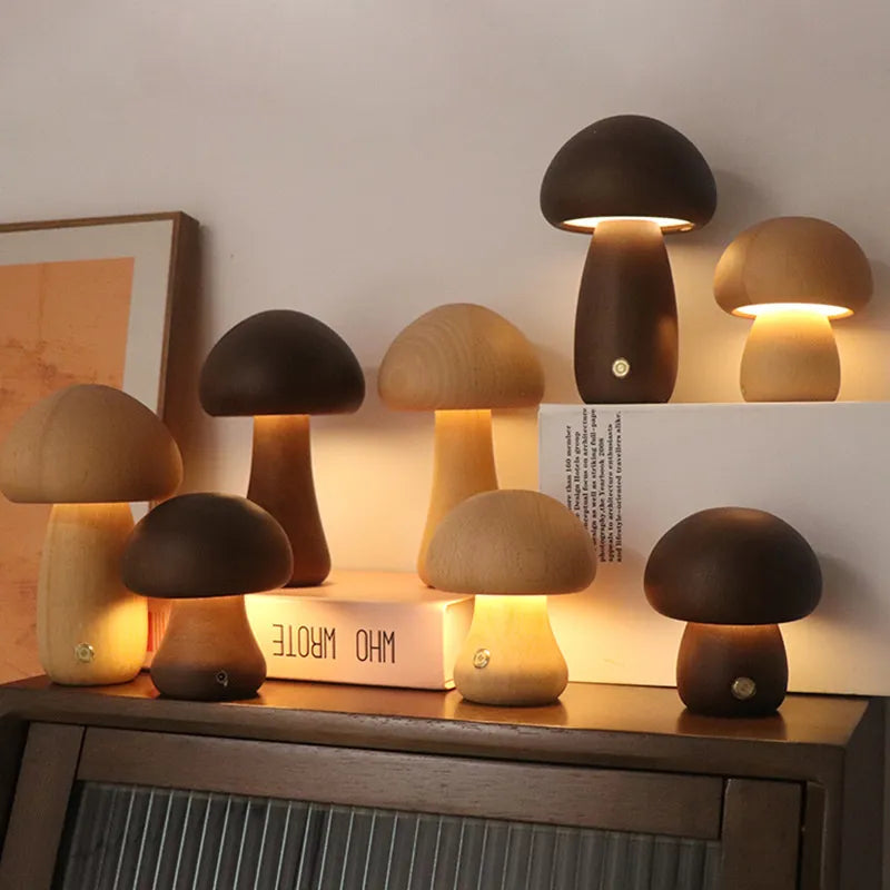 MushGlow Unieke Houten Draadloze Schattige Paddestoel Lamp