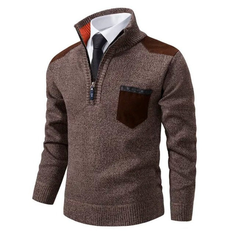 William - Elegante Pullover met Kwartritssluiting en Suède Schouderpatches