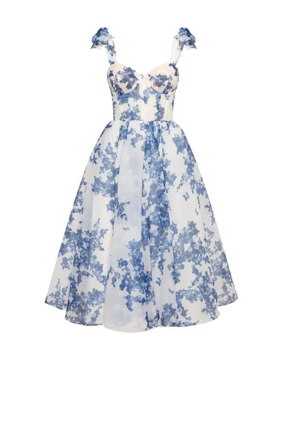 Alora - Blauwe Organza Midi Jurk Met Hortensiamotief