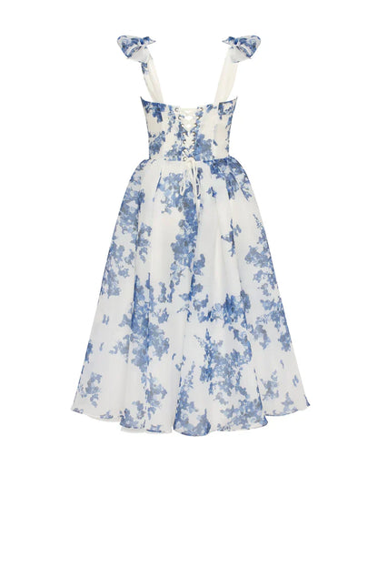 Alora - Blauwe Organza Midi Jurk Met Hortensiamotief