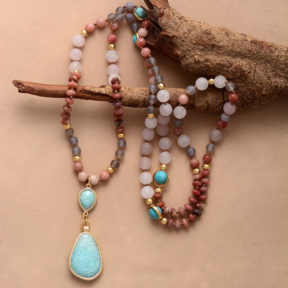 Diep Reinigende Pastel Mala Kralen Ketting van Amazoniet en Rozenkwarts