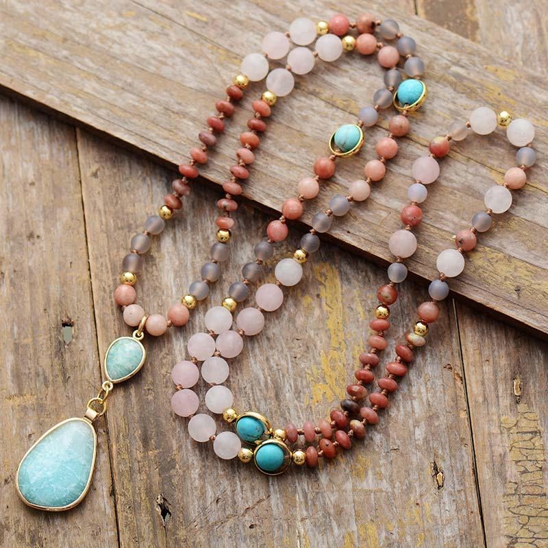 Diep Reinigende Pastel Mala Kralen Ketting van Amazoniet en Rozenkwarts