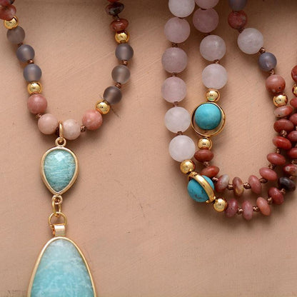 Diep Reinigende Pastel Mala Kralen Ketting van Amazoniet en Rozenkwarts