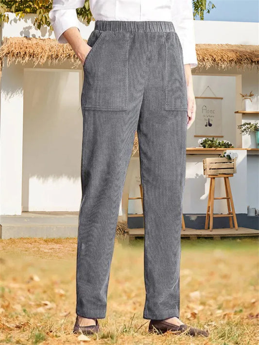 Isley - Dames Elastische Elastische Taille Corduroy Rechte Pijp Casual Broek in Effen Kleur