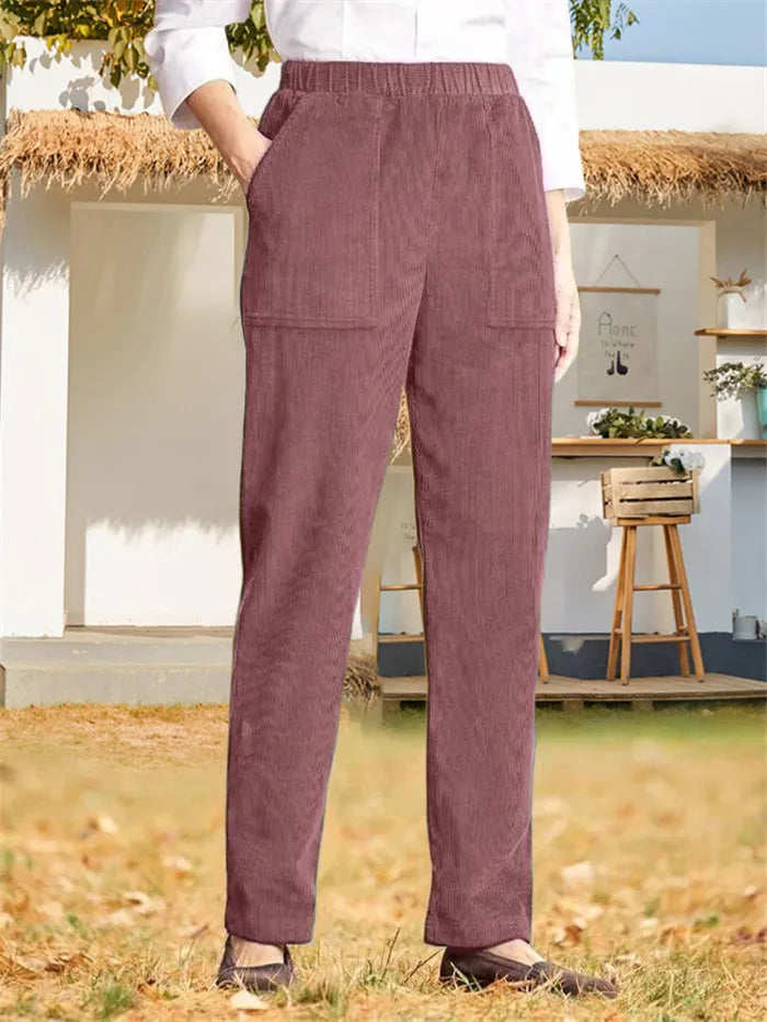 Isley - Dames Elastische Elastische Taille Corduroy Rechte Pijp Casual Broek in Effen Kleur