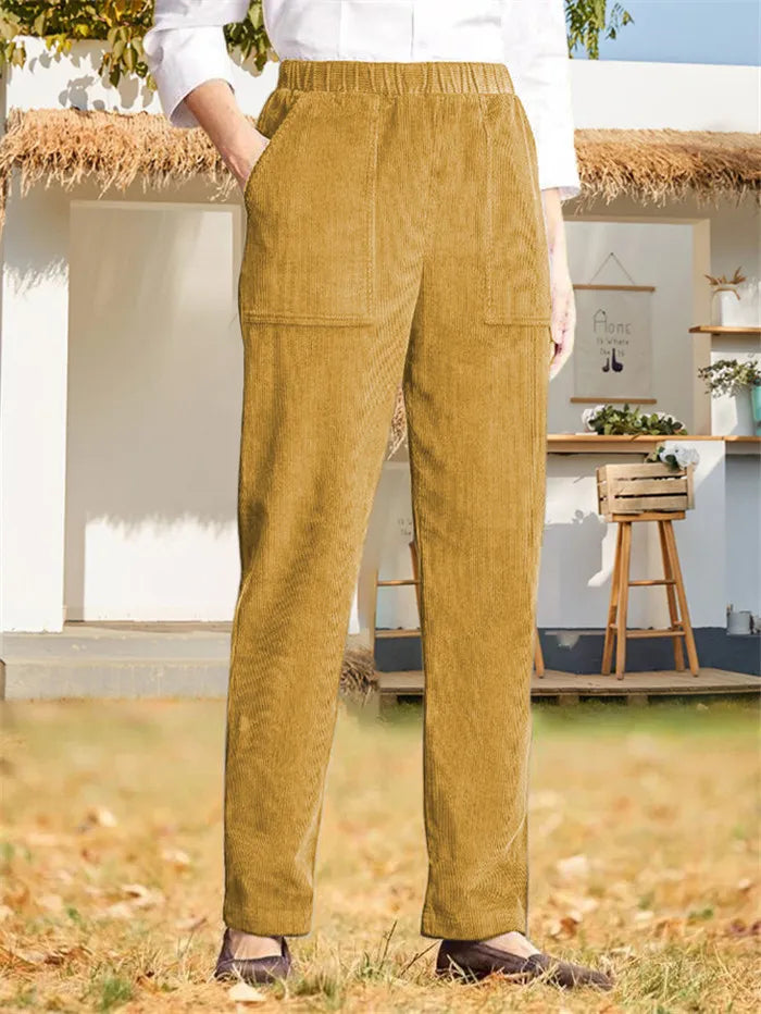 Isley - Dames Elastische Elastische Taille Corduroy Rechte Pijp Casual Broek in Effen Kleur