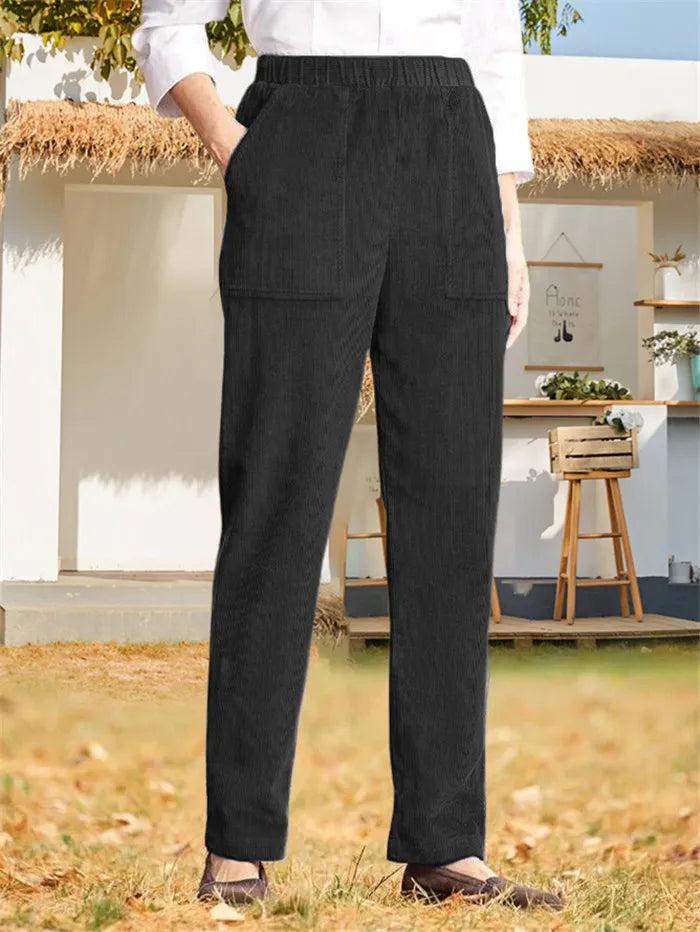 Isley - Dames Elastische Elastische Taille Corduroy Rechte Pijp Casual Broek in Effen Kleur