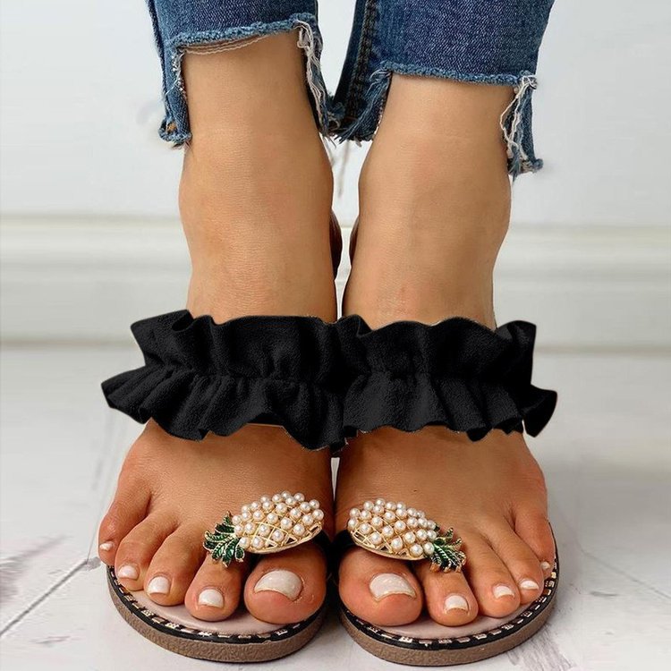 Helene - Tropische flair, Speelse sandalen versierd met ananas en details met ruches