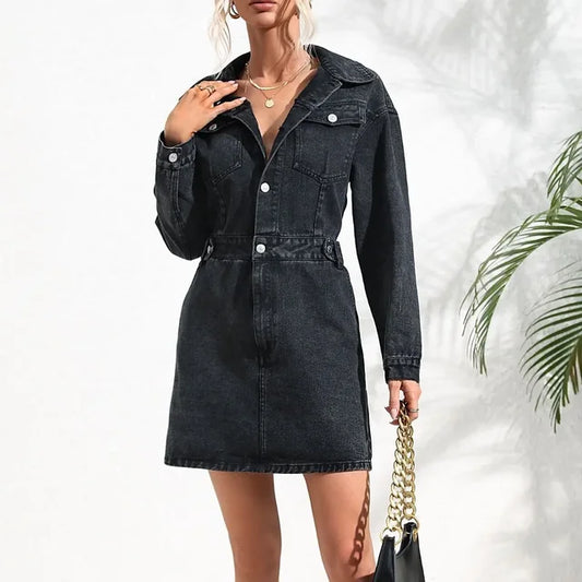 Elena - Trendy Denim Jurk met Lange Mouwen en Knopen