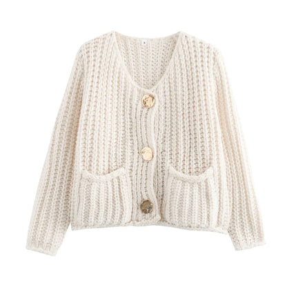 Henrose - Elegante Gebreide Cardigan met Knopen en Voorzakken