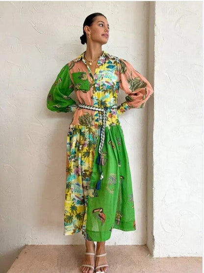 Nora - Lange Vintage Designer Jurk met Knoopjes en Kraag