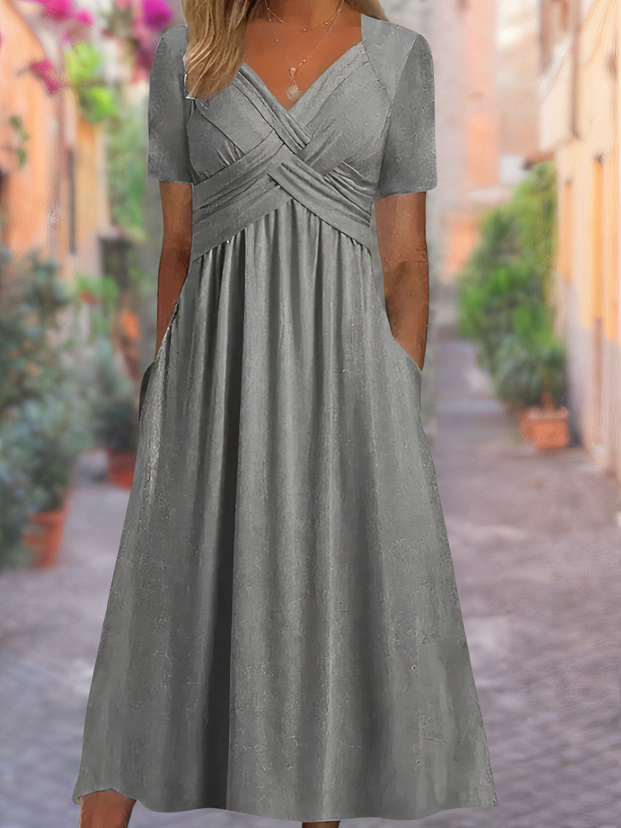 Sophie - V-Hals Faux Wrap Lange Zomer Jurk met Korte Mouwen en Hoge Taille
