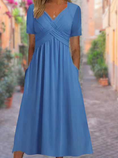 Sophie - V-Hals Faux Wrap Lange Zomer Jurk met Korte Mouwen en Hoge Taille