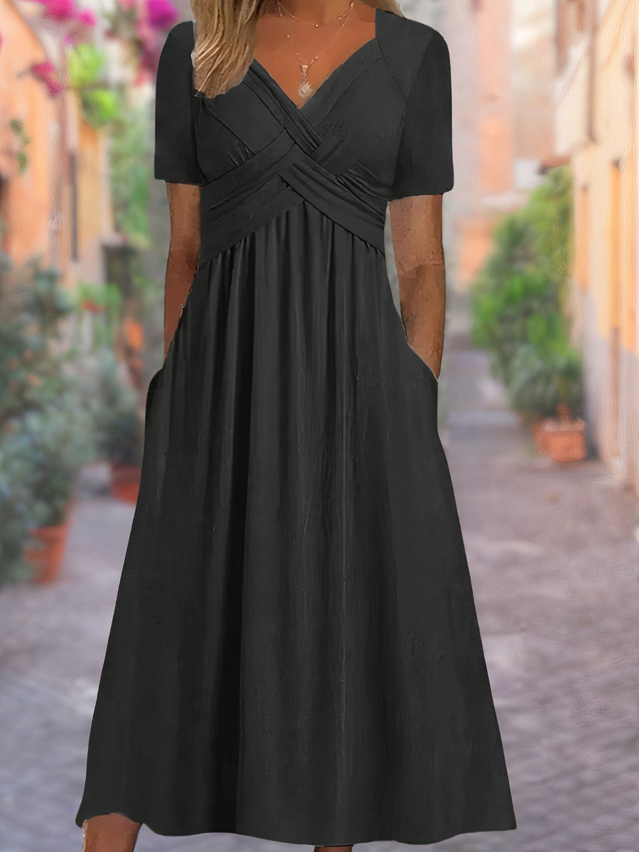 Sophie - V-Hals Faux Wrap Lange Zomer Jurk met Korte Mouwen en Hoge Taille