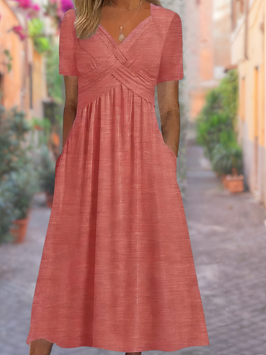 Sophie - V-Hals Faux Wrap Lange Zomer Jurk met Korte Mouwen en Hoge Taille