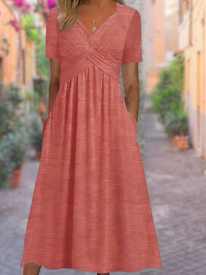 Sophie - V-Hals Faux Wrap Lange Zomer Jurk met Korte Mouwen en Hoge Taille