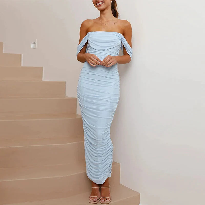 Klydie - Off-the-shoulder maxi-jurk met geplooide mesh overlay