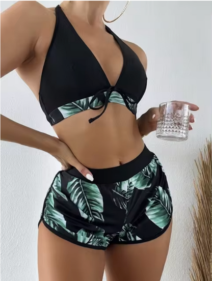 Elena - Driedelige Bikiniset met Dladerenprint en Hoge taille