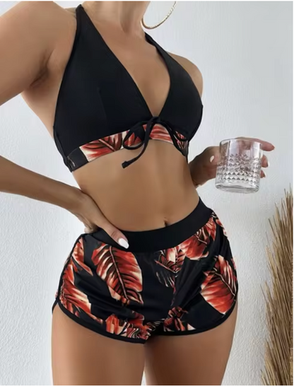 Elena - Driedelige Bikiniset met Dladerenprint en Hoge taille