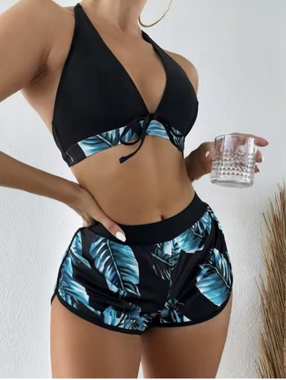 Elena - Driedelige Bikiniset met Dladerenprint en Hoge taille