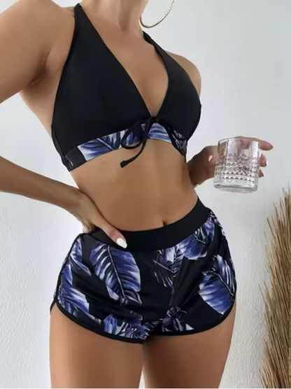 Elena - Driedelige Bikiniset met Dladerenprint en Hoge taille