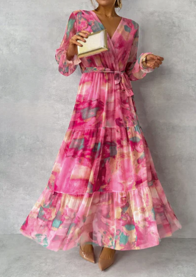 Mila - Waterverf Roze Faux Wrap Maxi Jurk met V-Hals Tailleband en Lange Mouwen